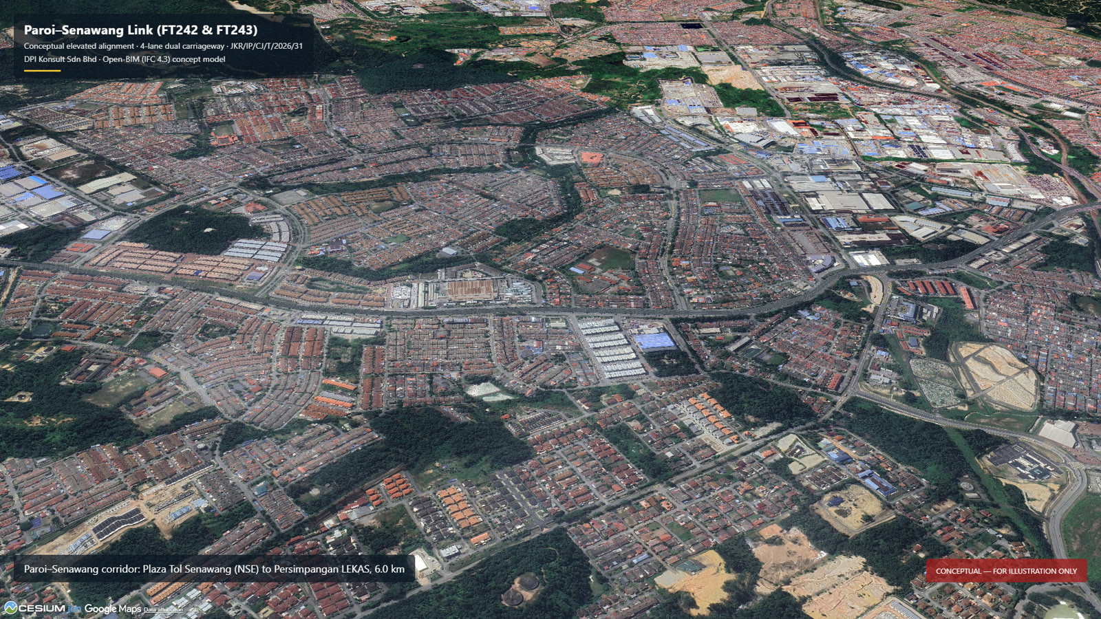 Aerial view of the Senawang corridor with the concept viaduct